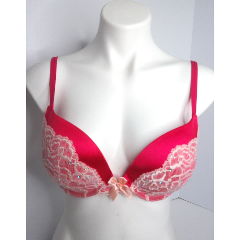 Victorias Secret Very Sexy Plunge Red Pink Lace Push Up Bra Size 36C New
